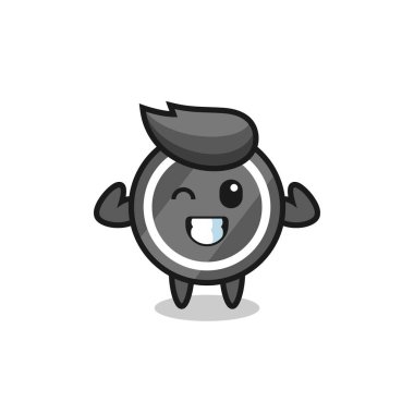 Kas hokeyi diski karakteri kaslarını gösteriyor. Tişört, çıkartma, logo elementi için şirin bir tasarım.