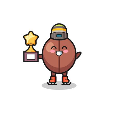 Kahve çekirdeği karikatürü buz patencisi şampiyon kupası, tişört, çıkartma, logo elementi için şirin bir tasarım.