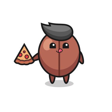 Pizza yiyen sevimli kahve çekirdeği karikatürü, tişört, çıkartma, logo elementi için şirin bir tasarım.