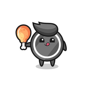 Hokey diski şirin maskotu kızarmış tavuk yiyor. Tişört, çıkartma, logo elementi için şirin bir tasarım.