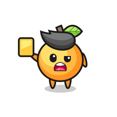 Futbol hakemi olarak turuncu renkli çizgi film karakteri sarı kart veriyor, tişört, çıkartma, logo elementi için şirin bir tasarım.