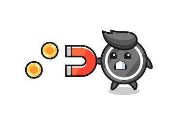 Hokey diski karakteri altın sikkeleri yakalamak için bir mıknatıs tutar, tişört, çıkartma, logo elementi için şirin bir tasarım.