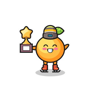 Turuncu meyve çizgi filmi buz patencisi şampiyon kupası tişört, çıkartma, logo elementi için şirin bir tasarım.