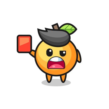 Hakem olarak turuncu renkli şirin maskot kırmızı kart veriyor. Tişört, çıkartma, logo elementi için şirin bir tasarım.