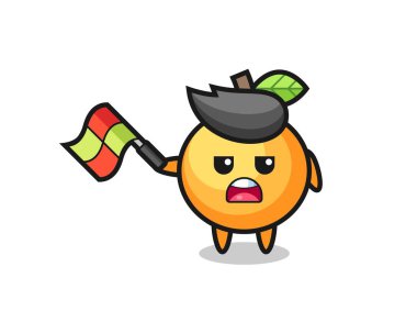 Çizgi film hakimi olarak turuncu meyve çizgi filmi bayrağı 45 derecelik açıyla kaldırın, tişört, çıkartma, logo elementi için şirin bir tasarım yapın.