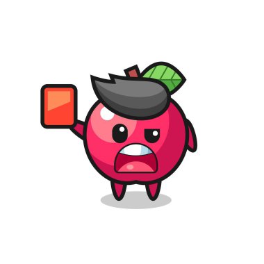 Hakem olarak elmalı şirin maskot tişört, etiket, logo elementi için şirin bir tasarım ve kırmızı kart veriyor.