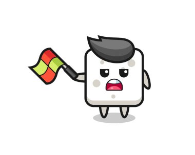 Şeker küpü çizgi filmi çizgi film hakimi olarak bayrağı 45 derecelik açıyla kaldırın, tişört, çıkartma, logo elementi için şirin bir tasarım yapın.