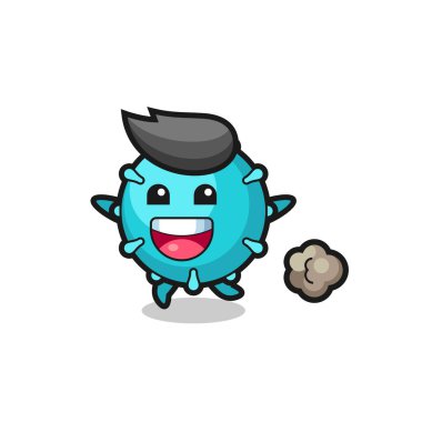 Koşu pozlu mutlu virüs çizgi filmi, tişört, etiket, logo elementi için şirin bir tasarım.