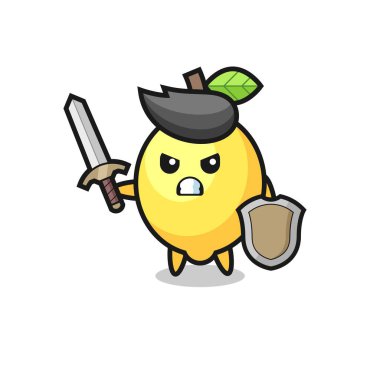 Şirin limon askeri kılıç ve kalkanla savaşıyor. Tişört, çıkartma ve logo için şirin bir tasarım.