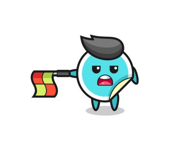 Çizgi hakimi olarak etiket karakteri bayrağı yatay tutun, tişört, etiket, logo ögesi için şirin bir tasarım yapın