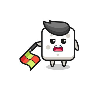 Çizgi hakimi olarak şeker küpü karakteri bayrağı 45 derecelik açıyla aşağıda tut, tişört, etiket, logo elementi için şirin bir tasarım.