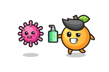 Portakallı meyve karakterinin el dezenfektanı ile kötü virüsü kovalamasının resmi, tişört, çıkartma, logo elementi için şirin bir tasarım.