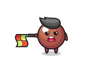 Çizgi hakemi olarak çikolata topu karakteri bayrağı yatay tut, tişört, çıkartma, logo elementi için şirin bir tasarım.