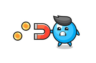 Sakız karakteri altın sikkeleri yakalamak için bir mıknatıs tutar, tişört, etiket, logo elementi için şirin bir tasarım