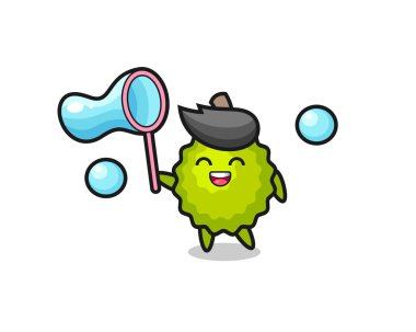 Mutlu Durian çizgi filmi sabun köpüğü oynuyor, tişört, etiket, logo elementi için şirin bir tasarım.