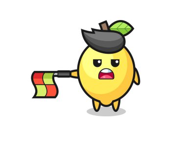 Çizgi yargıcı olarak limon karakteri bayrağı yatay tutun, tişört, etiket, logo ögesi için şirin bir tasarım yapın