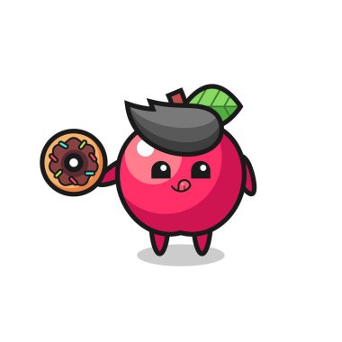 Elma karakterinin çörek yediğini gösteren bir resim. Tişört, çıkartma, logo elementi için şirin bir tasarım.