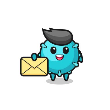 Virüsün sarı bir harf taşıdığı karikatür çizimi, tişört, çıkartma, logo elementi için şirin bir tasarım.