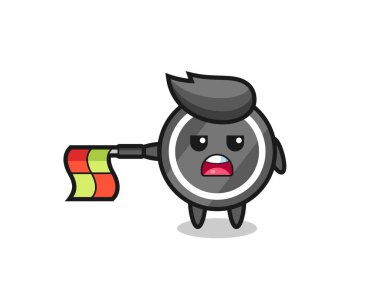 Hokey diski karakteri çizgi hakemi olarak bayrağı yatay tutun, tişört, çıkartma, logo elementi için şirin bir tasarım yapın