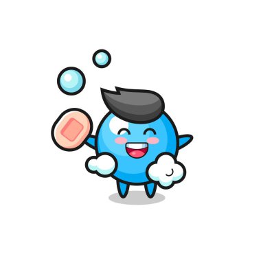 Balonlu sakız karakteri sabun tutarken banyo yapıyor, tişört, etiket, logo elementi için şirin bir tasarım.