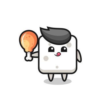 Şeker küplü şirin maskot kızarmış tavuk yiyor. Tişört, çıkartma, logo elementi için şirin bir tasarım.