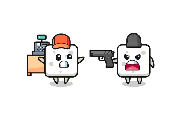 Illustration Cute Sugar Cube Cashier Pointed Gun Robber Cute Style — Stockový vektor