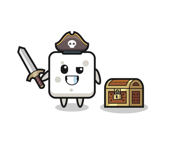 Sugar Cube Pirate Character Holding Sword Treasure Box Cute Style — Stock Vector