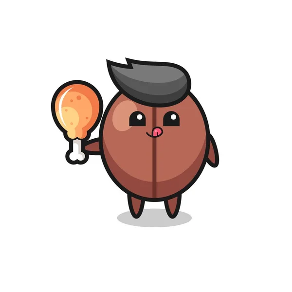 Coffee Bean Cute Mascot Eating Fried Chicken Cute Style Design — Wektor stockowy