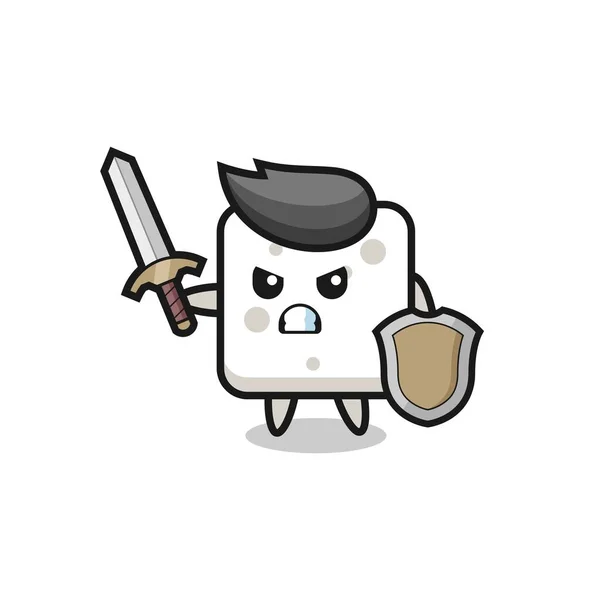 Cute Sugar Cube Soldier Fighting Sword Shield Cute Style Design — Stock Vector