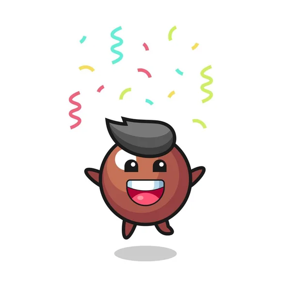 Feliz Bola Chocolate Mascota Saltando Para Felicitar Con Confeti Color — Vector de stock