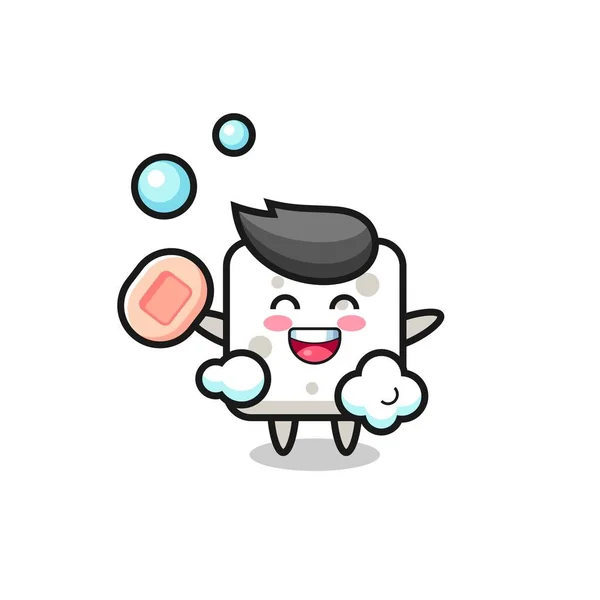 Sugar Cube Character Bathing While Holding Soap Cute Style Design — Stock Vector