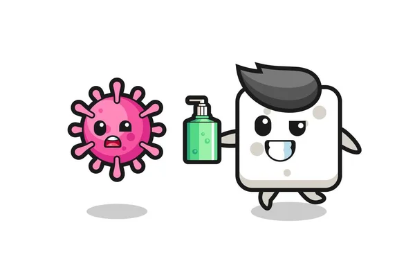 Illustration Sugar Cube Character Chasing Evil Virus Hand Sanitizer Cute — Stock Vector