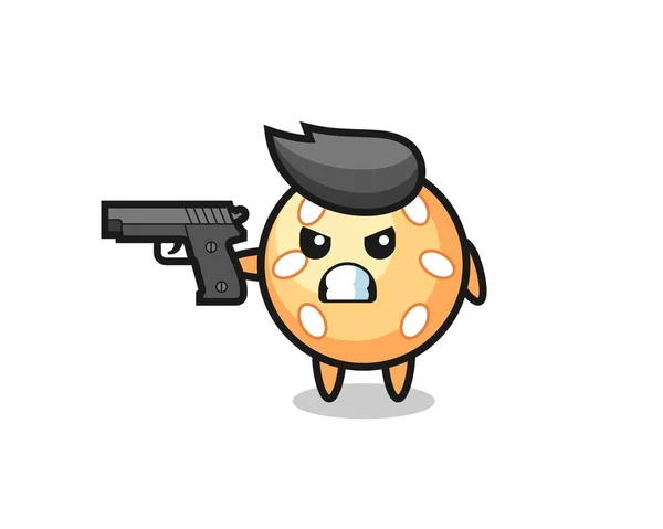 銃で撮影されたかわいいゴマボールキャラクターTシャツステッカーロゴ要素 — ストックベクタ
