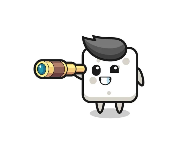 Personnage Cube Sucre Mignon Tient Vieux Télescope Conception Style Mignon — Image vectorielle