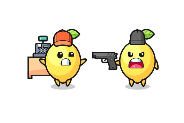Illustration Cute Lemon Cashier Pointed Gun Robber Cute Style Design — Stock Vector
