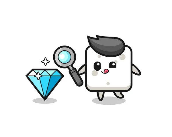 Mascote Cubo Açúcar Está Verificando Autenticidade Diamante Design Estilo Bonito — Vetor de Stock