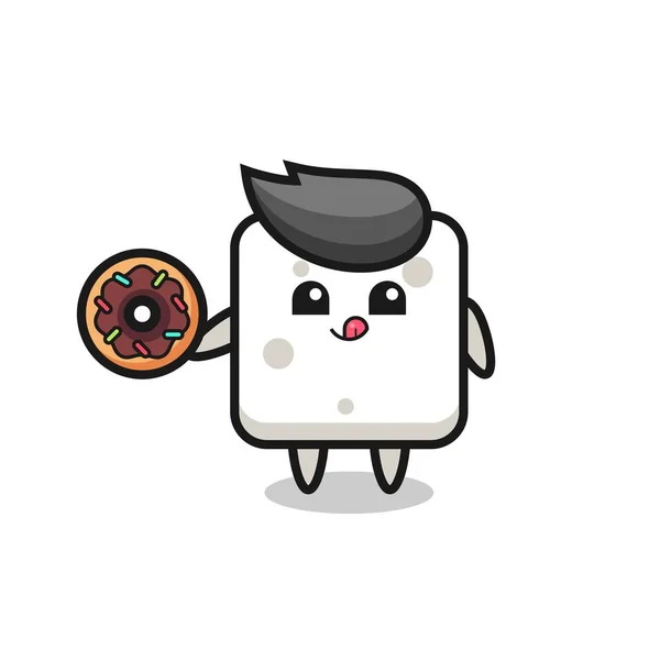 Illustration Sugar Cube Character Eating Doughnut Cute Style Design Shirt — Stock Vector