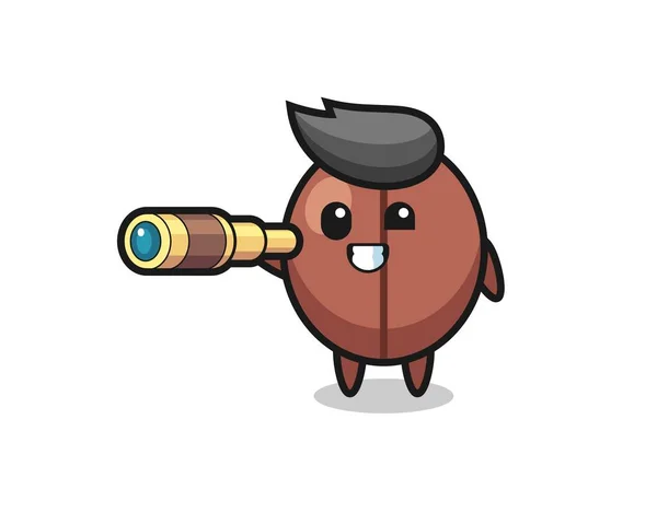Cute Coffee Bean Character Holding Old Telescope Cute Style Design — Wektor stockowy