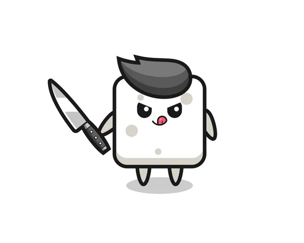Cute Sugar Cube Mascot Psychopath Holding Knife Cute Style Design — Stock Vector