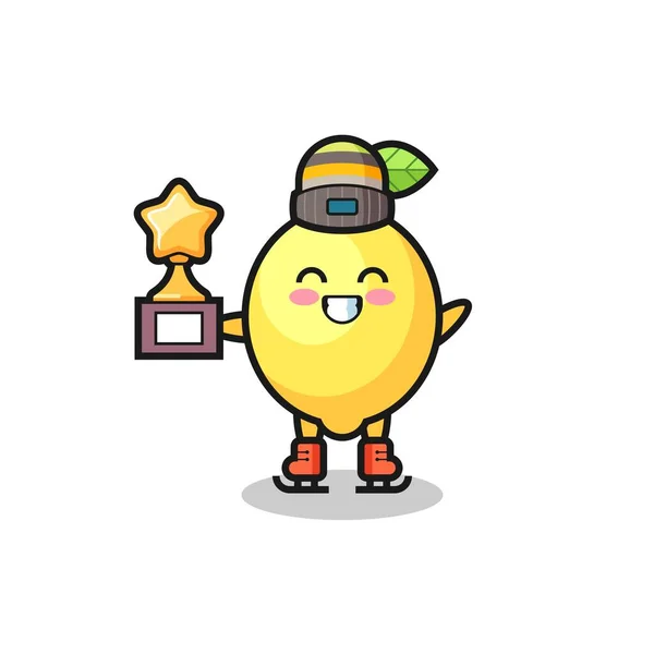 Lemon Cartoon Ice Skating Player Hold Winner Trophy Cute Style — Stockový vektor
