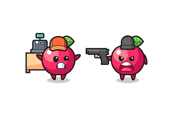 Illust Cute Apple Cashier Pointed Gun Robber Lindo Diseño Estilo — Vector de stock