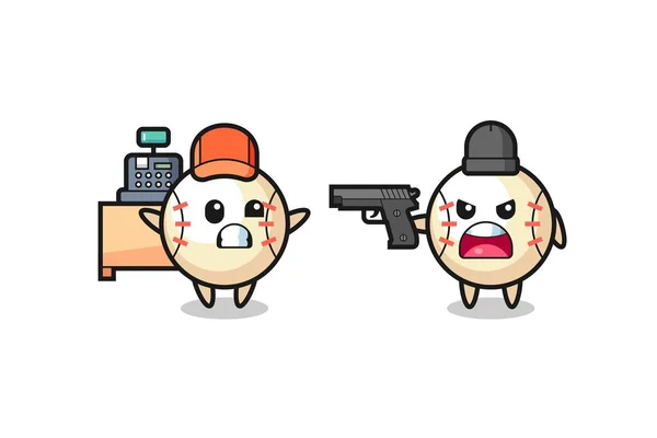 Ilustrasi Bisbol Lucu Sebagai Kasir Menunjuk Pistol Oleh Perampok Desain - Stok Vektor