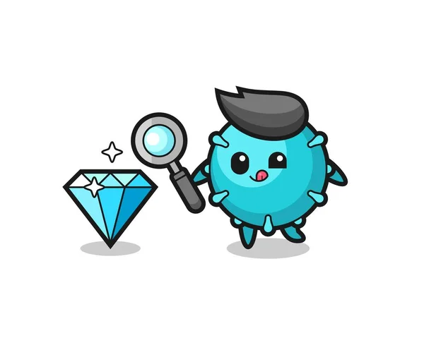 Mascota Del Virus Está Comprobando Autenticidad Diamante Lindo Diseño Estilo — Vector de stock