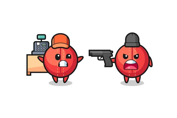 Illustration Cute Cricket Ball Cashier Pointed Gun Robber Cute Style — Wektor stockowy