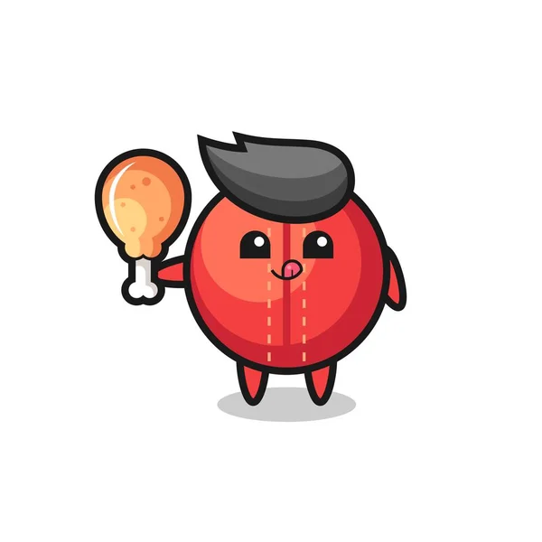 Cricket Ball Cute Mascot Eating Fried Chicken Cute Style Design — Wektor stockowy