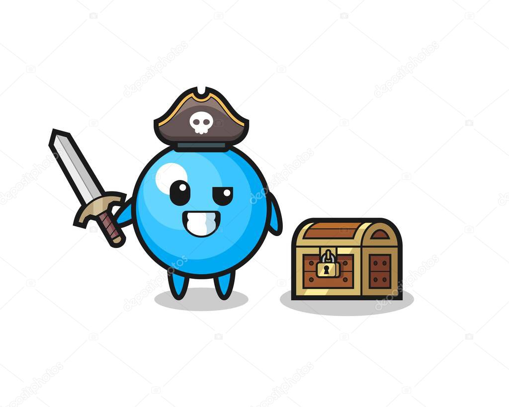 the bubble gum pirate character holding sword beside a treasure box , cute style design for t shirt, sticker, logo element