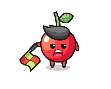 Çizgi hakemi olarak kiraz rengi karakter bayrağı 45 derecelik açıyla aşağıda tut, tişört, etiket, logo elementi için şirin bir tasarım.