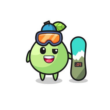 Snowboard stili guava karakteri tasviri, tişört, çıkartma, logo elementi için şirin tasarım