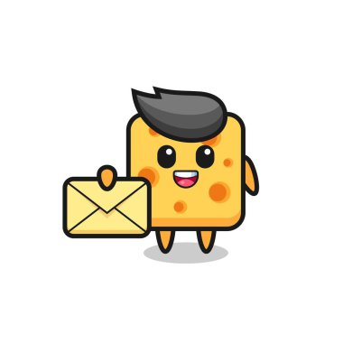 Sarı bir harf taşıyan peynirin karikatür çizimi, tişört, çıkartma, logo elementi için şirin bir tasarım.