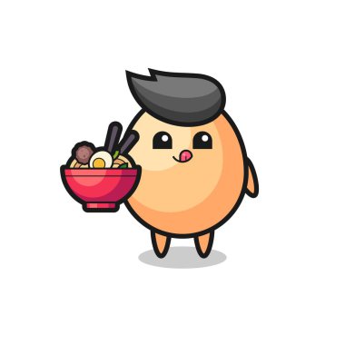 Erişte yiyen sevimli yumurta karakteri, tişört, çıkartma, logo elementi için şirin bir tasarım.